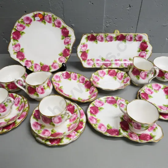 assorted Royal Albert Old English Rose china teaware - 2 trios, 2 creams, 2 sugars, cake plate, sandwich tray, etc.