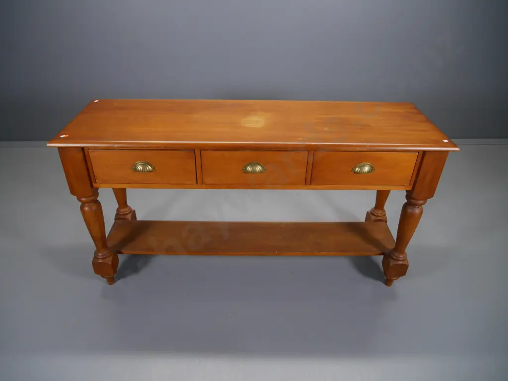 reproduction kauri 3-drawer hall table with turned legs, brass handles, bottom shelf - marks to polish H800 W1500 D450 Image 1++