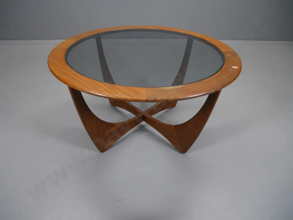 G-Plan mid-century English mahogany coffee table with smoked glass top - polish needs attention H460 Diameter 840 Image 1++