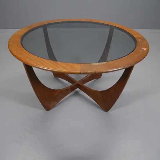 G-Plan mid-century English mahogany coffee table with smoked glass top - polish needs attention H460 Diameter 840