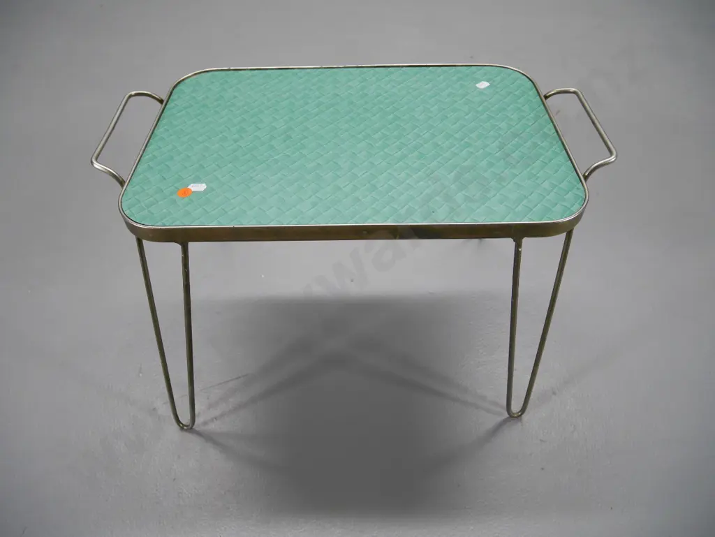 retro silver finish metal framed tray table with green formica top H-345 W-530 D-300 Image 1++