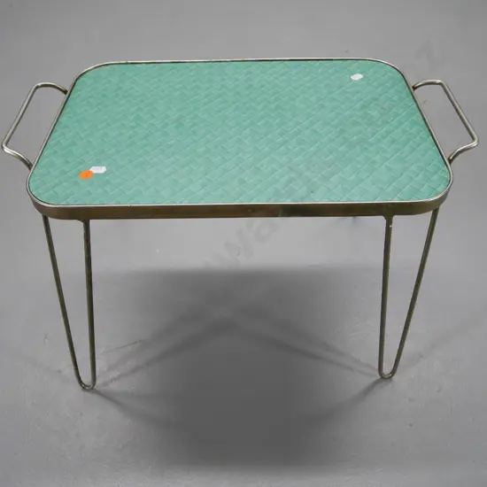 retro silver finish metal framed tray table with green formica top H-345 W-530 D-300