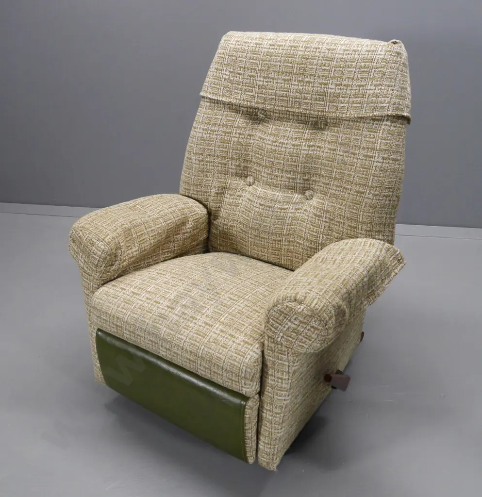 retro La-Z-Boy rocking recliner covered in tweed fabric & vinyl cover on foot rest H-950 W-800 D-750 Image 1++