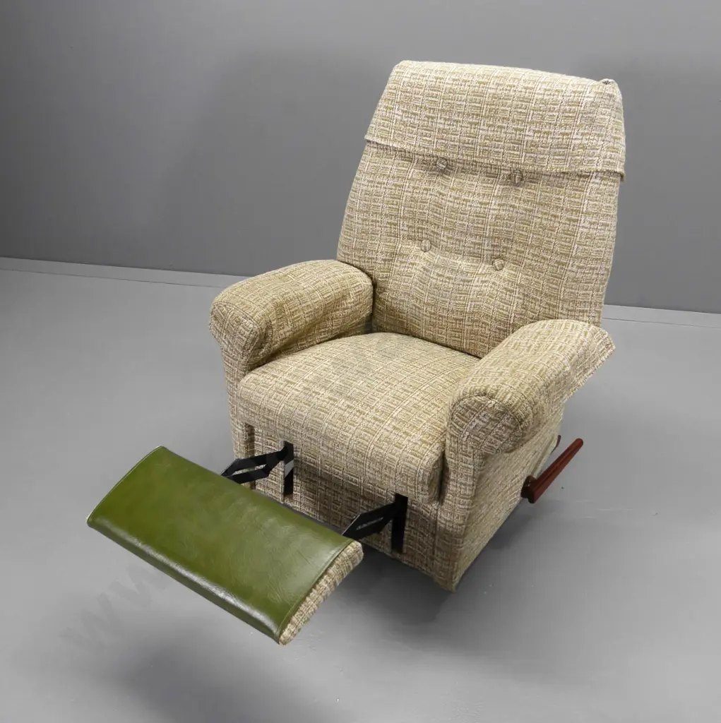 retro La-Z-Boy rocking recliner covered in tweed fabric & vinyl cover on foot rest H-950 W-800 D-750 Image 1++