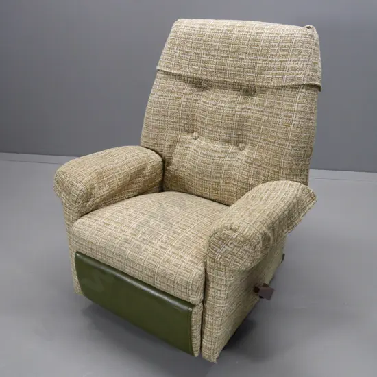 retro La-Z-Boy rocking recliner covered in tweed fabric & vinyl cover on foot rest H-950 W-800 D-750
