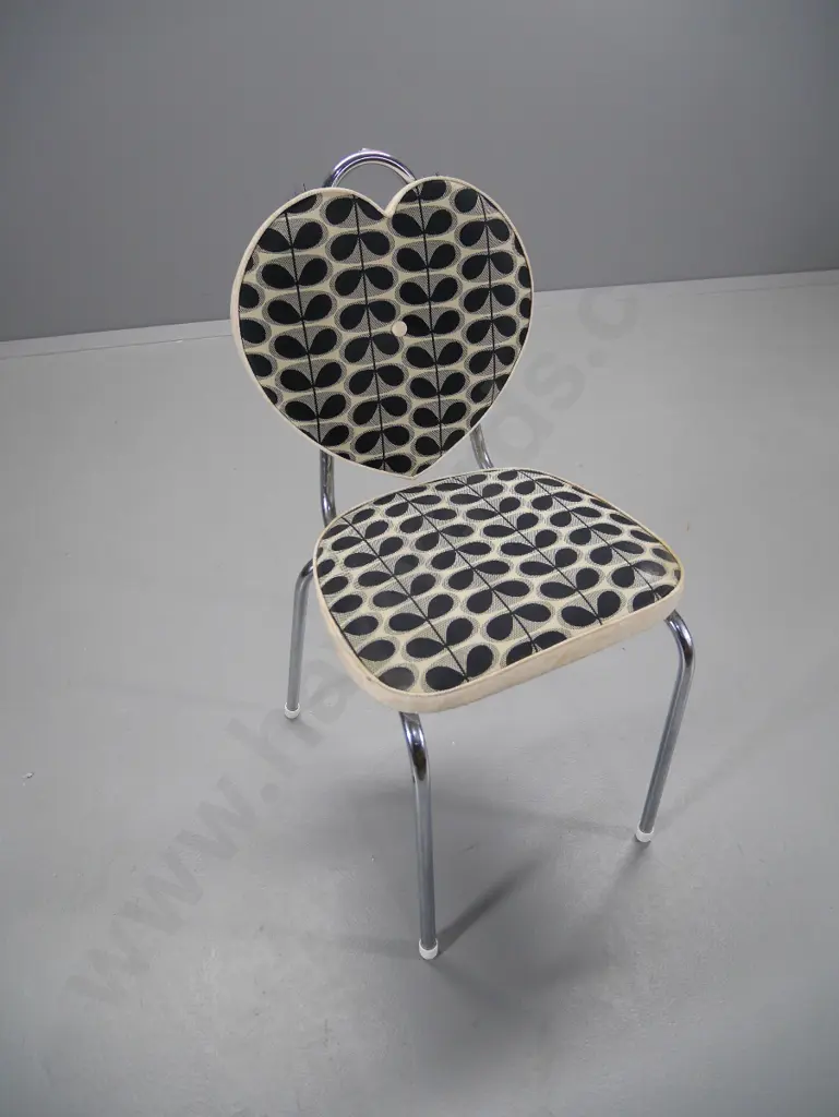 retro chrome framed upholstered dining chair with heart shaped back - discolouring to fabric borders H850 W420 D470 Image 1++