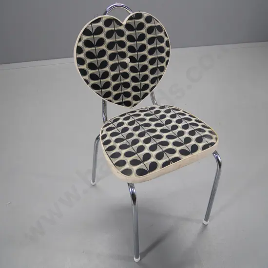 retro chrome framed upholstered dining chair with heart shaped back - discolouring to fabric borders H850 W420 D470