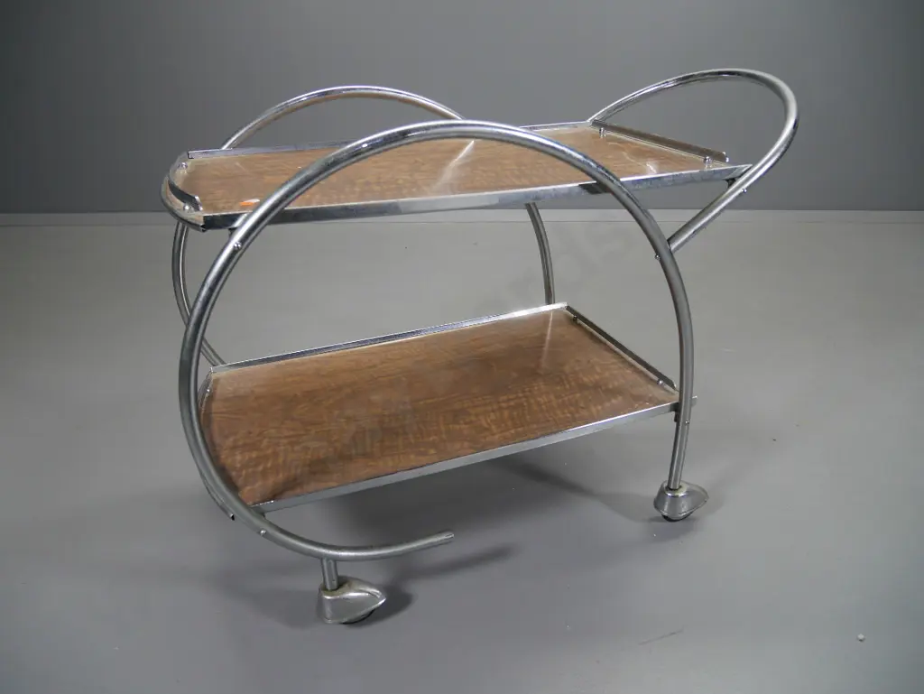 retro chrome hoop-side tea trolley with formica shelves, missing caps to frame ends? Surface pitting to chrome L880 W420 Image 1++