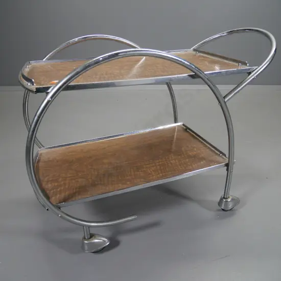 retro chrome hoop-side tea trolley with formica shelves, missing caps to frame ends? Surface pitting to chrome L880 W420