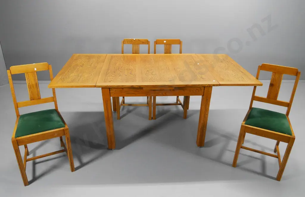 deco oak end-leaf extending dining table and 4 matching chairs w/ suede upholstered seats H760 W920 L1850 extended Image 1++