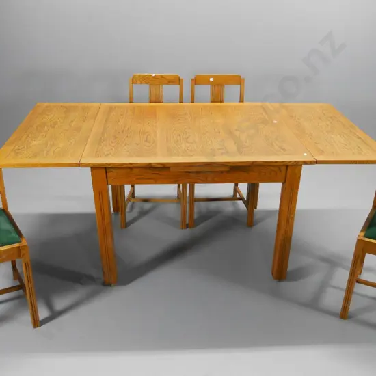 deco oak end-leaf extending dining table and 4 matching chairs w/ suede upholstered seats H760 W920 L1850 extended