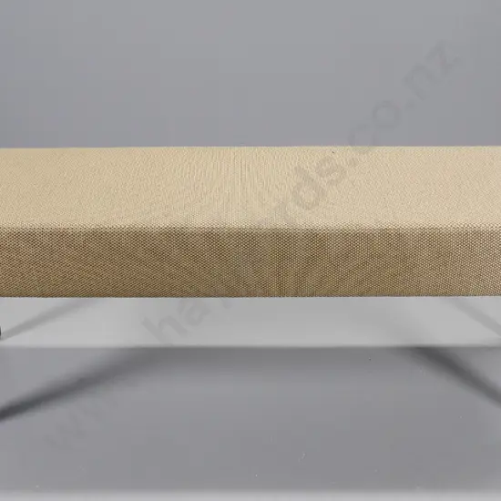 large tweed-upholstered bench seat with dark stained timber legs H-540 W-1400 D-420