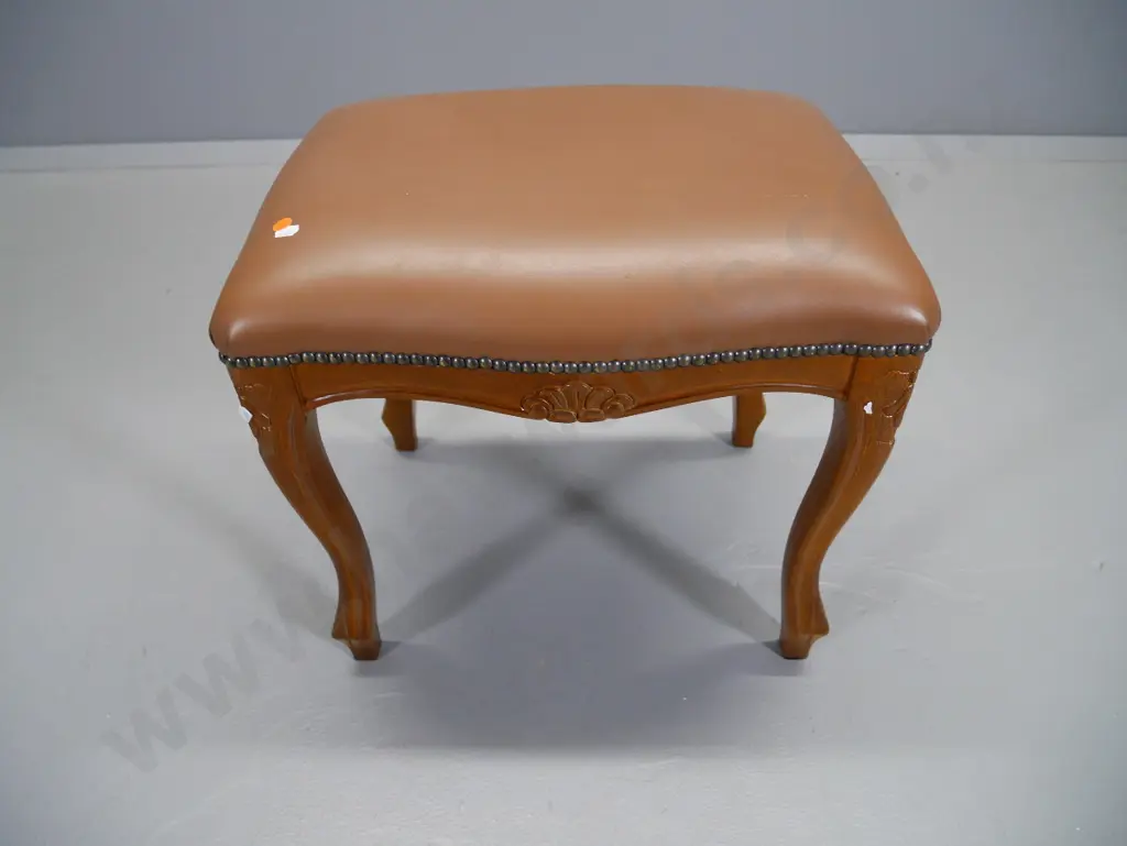 mahogany carved cab-leg vanity or bedroom stool with studded leather or vinyl top H-430 W-480 D-360 Image 1++