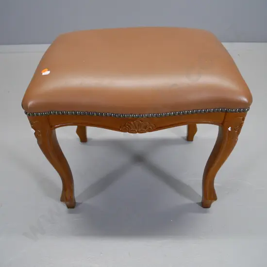 mahogany carved cab-leg vanity or bedroom stool with studded leather or vinyl top H-430 W-480 D-360
