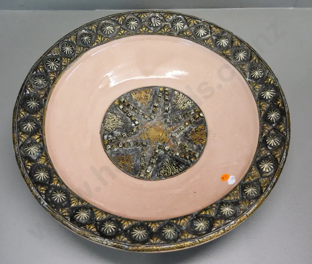 Morroccan pottery bowl / charger with embossed metal decoration. Diameter 420 Image 1++
