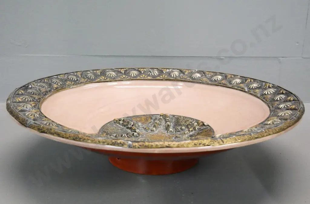 Morroccan pottery bowl / charger with embossed metal decoration. Diameter 420 Image 1++