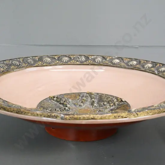 Morroccan pottery bowl / charger with embossed metal decoration. Diameter 420