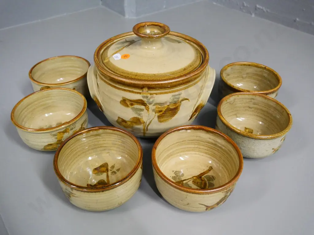 hand-potted casserole dish and 6 bowl set - crack to lid Image 1++
