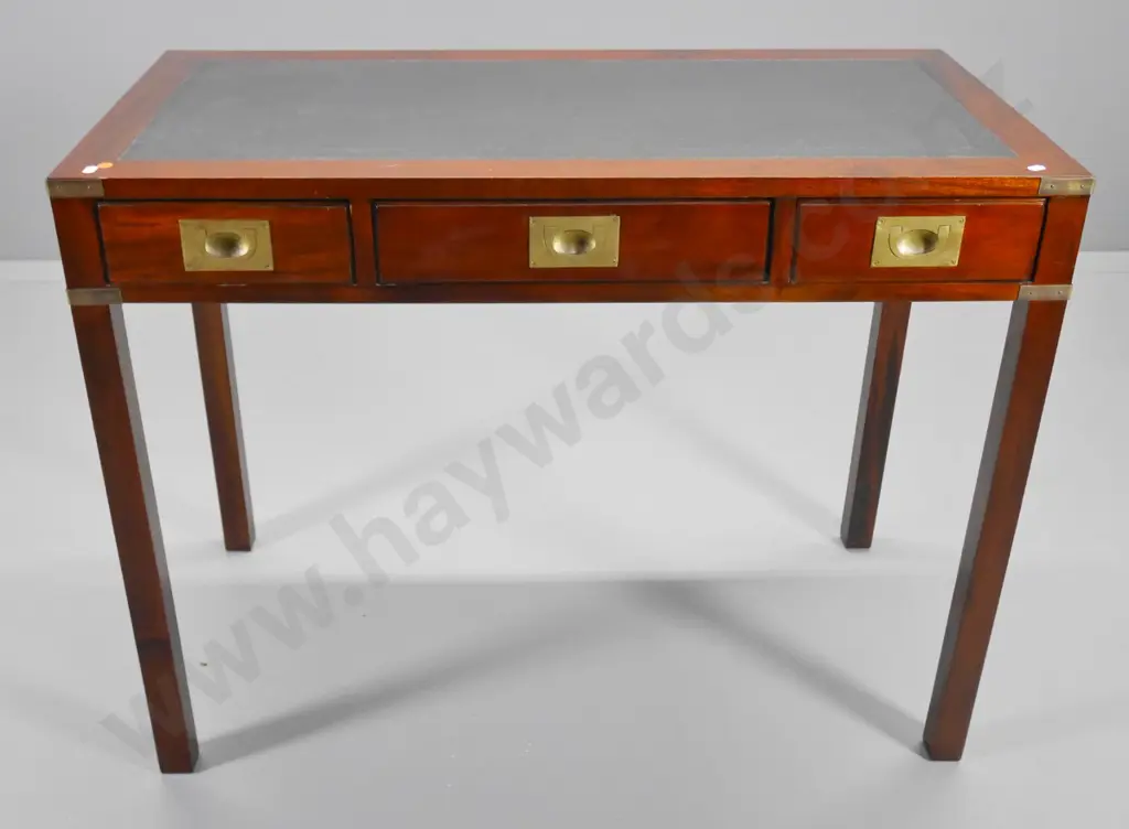mahogany 3-drawer writing desk w/tooled leather top, brass campaign handles and corner binding H790 W1020 D510 Image 1++