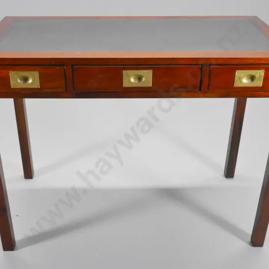 mahogany 3-drawer writing desk w/tooled leather top, brass campaign handles and corner binding H790 W1020 D510