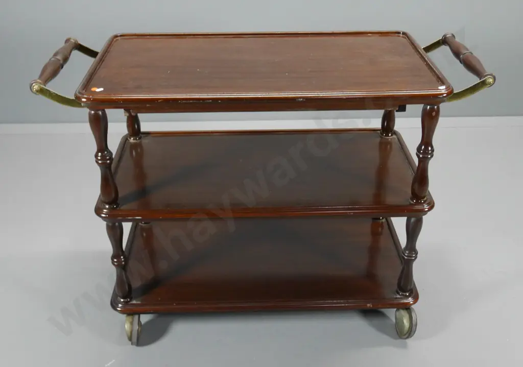 vintage mahogany 3-tier tea trolley with turned wooden handles and supports, heavy duty casters H780 L1100 W470 Image 1++