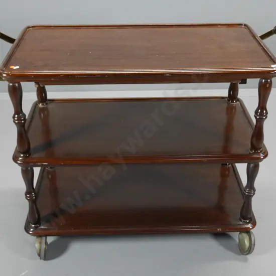 vintage mahogany 3-tier tea trolley with turned wooden handles and supports, heavy duty casters H780 L1100 W470