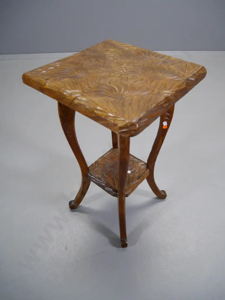 chip-carved floral motif occasional table with lower shelf H-610 W-340 D-340 Image 1++