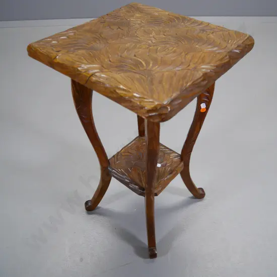 chip-carved floral motif occasional table with lower shelf H-610 W-340 D-340