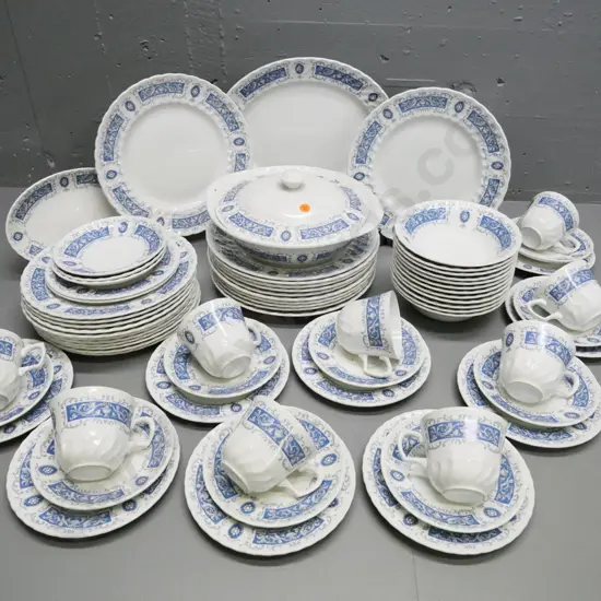 large assortment of Ridgway blue & white dinnerware, marked Portland - 12 place with some items missing, only 9 cups