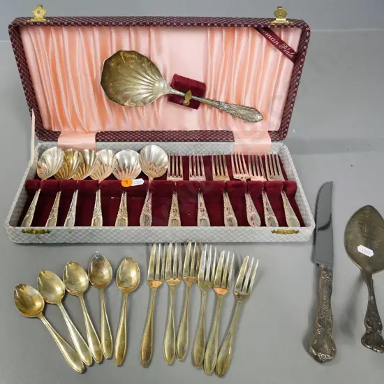 cased 13-piece EPNS sweet set, cake knife and server, and a set of 6 cake forks & teaspoons, one spoon missing