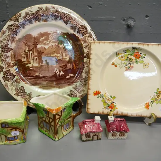 4 pieces of cottage ware - Royal Winton cream & sugar, Royal Staffordshire and Maling Venetian plates, and salt & pepper