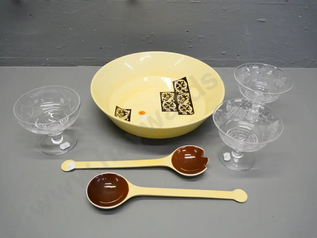 Carlton ware salad bowl with servers and 3 Stuart etched crystal small comports Image 1++