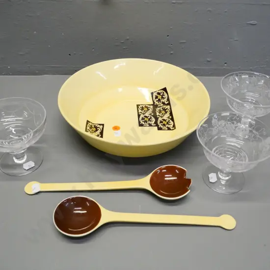 Carlton ware salad bowl with servers and 3 Stuart etched crystal small comports