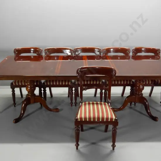 mahogany 9-piece dining suite - extending table with 2 leaves, carved detail on chairs, 6 + 2 carvers W-1120 L-2500 ext.