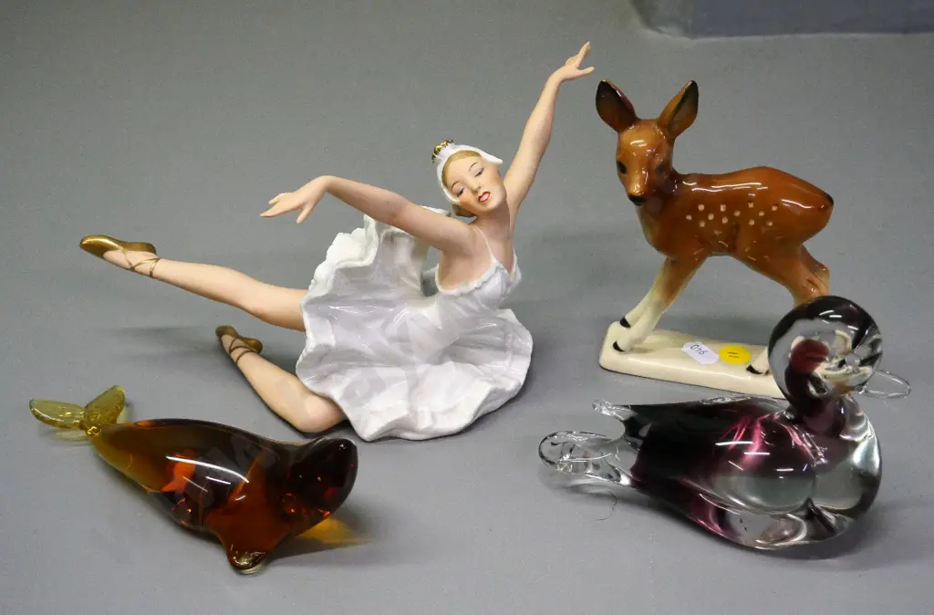 2 glass animal figures, one marked Murano, German ballet dancer H-130 L-230 and fawn figures Image 1++