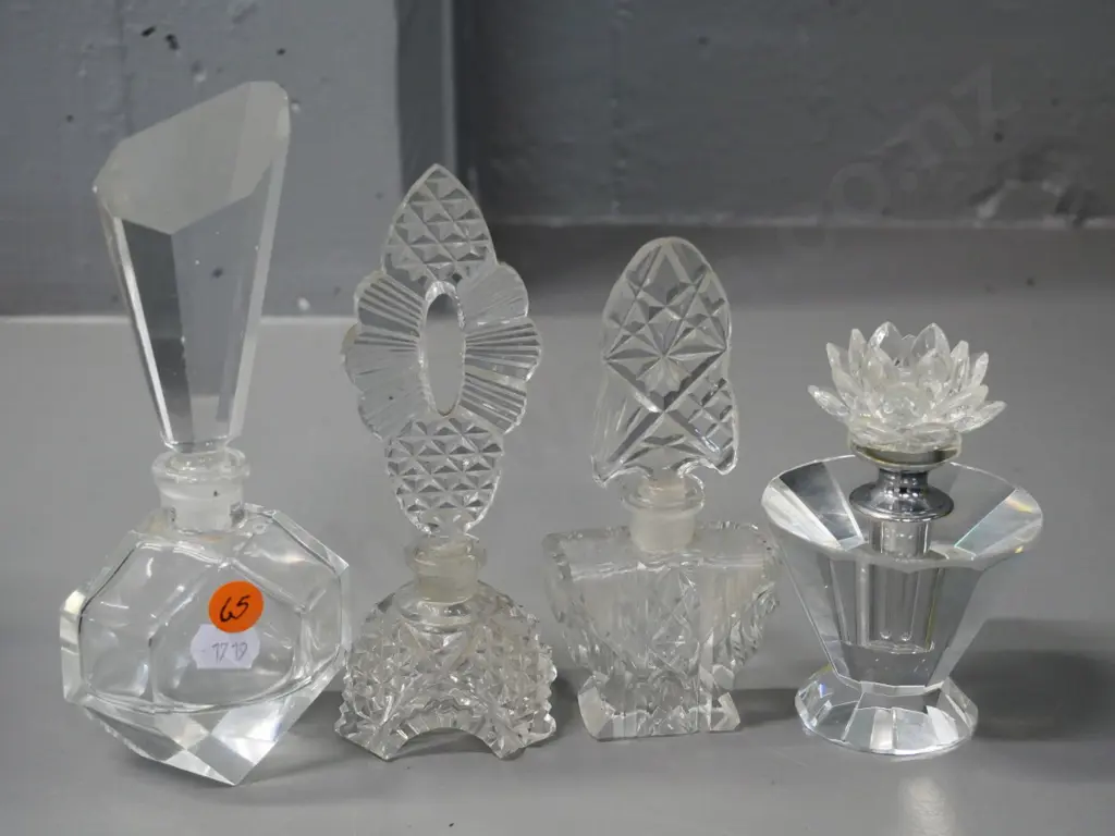 4 glass stoppered scent bottles - 2 are vintage, tallest has tiny chip to stopper, is H-180 Image 1++
