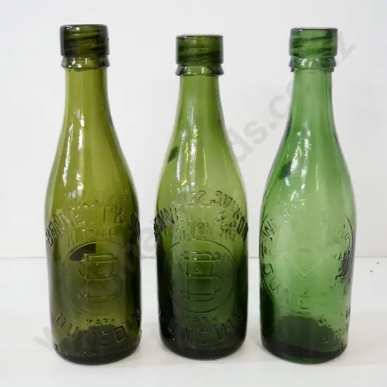 3 green drink bottles from Dunedin manufacturer's - two Bennett & Sons and one West & Co. H-240