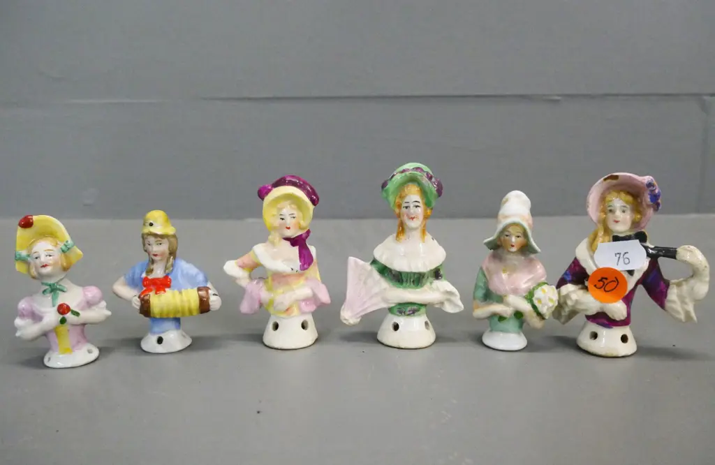 6 small china half-dolls, one with chip to hat, tallest is H-70 Image 1++