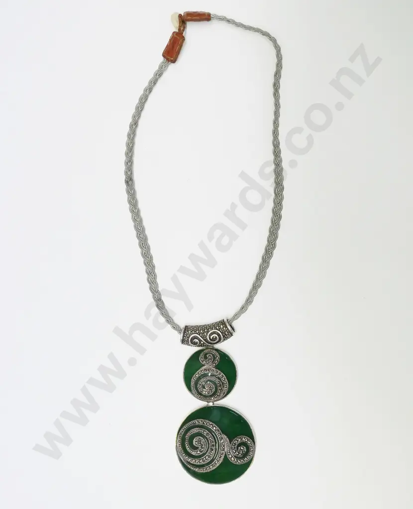 large green enamel & marcasite pendant no markings Image 1++