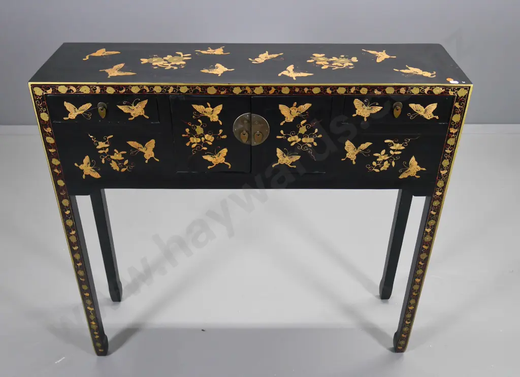Chinese hall table/cabinet with 2 doors and 2 drawers black laquer and butterfly-pattern finish H-900 W-950 D-250 Image 1++
