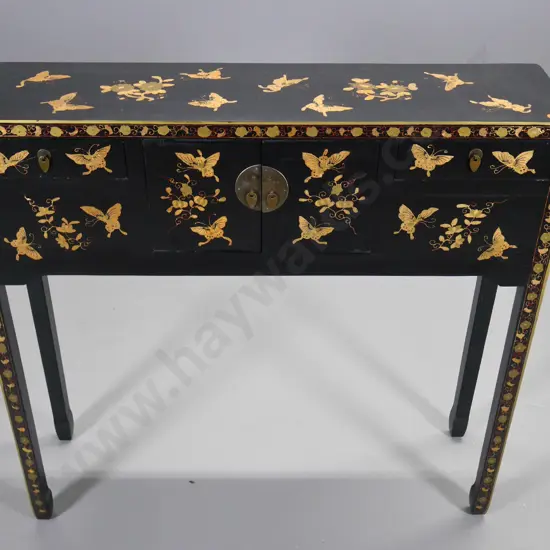 Chinese hall table/cabinet with 2 doors and 2 drawers black laquer and butterfly-pattern finish H-900 W-950 D-250