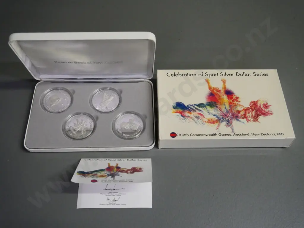 cased set of 4 New Zealand silver dollars - 1989 Celebration of Sports Image 1++