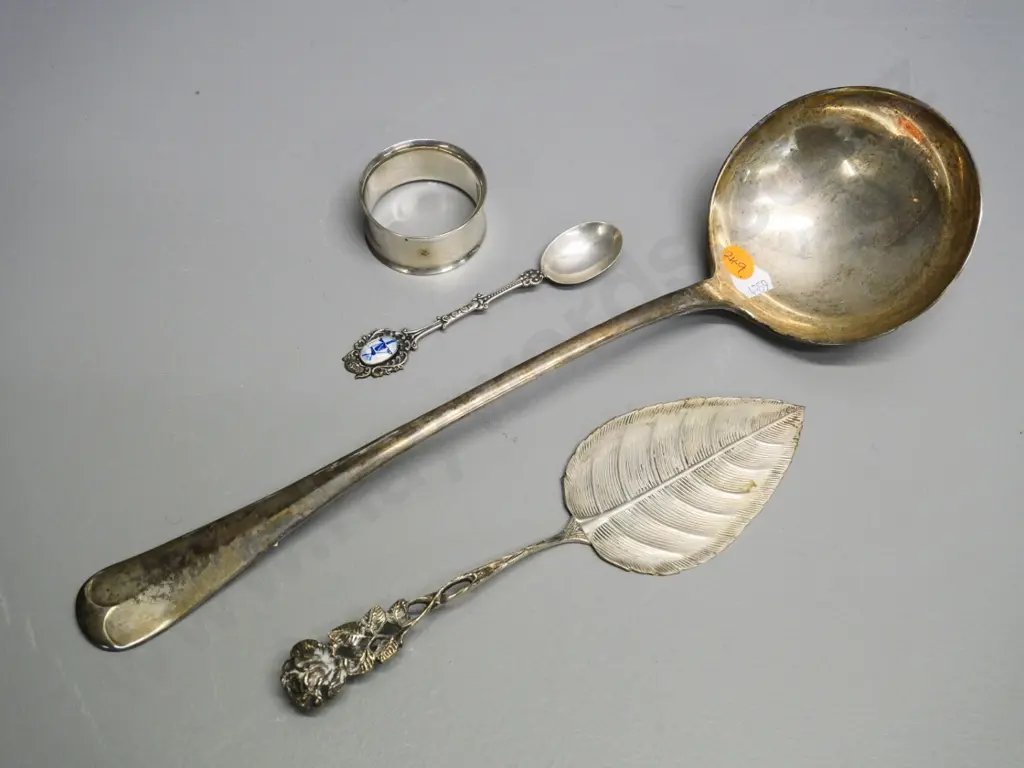 large sterling silver ladle or serving spoon L-330, napkin ring marked "s.silver", Delft teaspoon and a fancy cake slice Image 1++