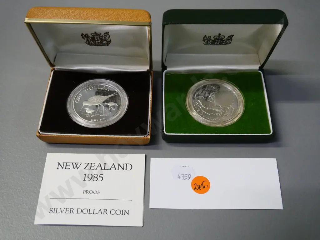 2 cased New Zealand cased proof dollar coins -  1980 fantail and 1985 black stilt Image 1++