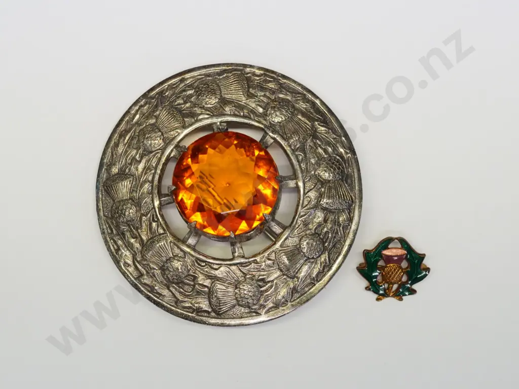 large amber Scottish brooch for a kilt & small thistle brooch Image 1++