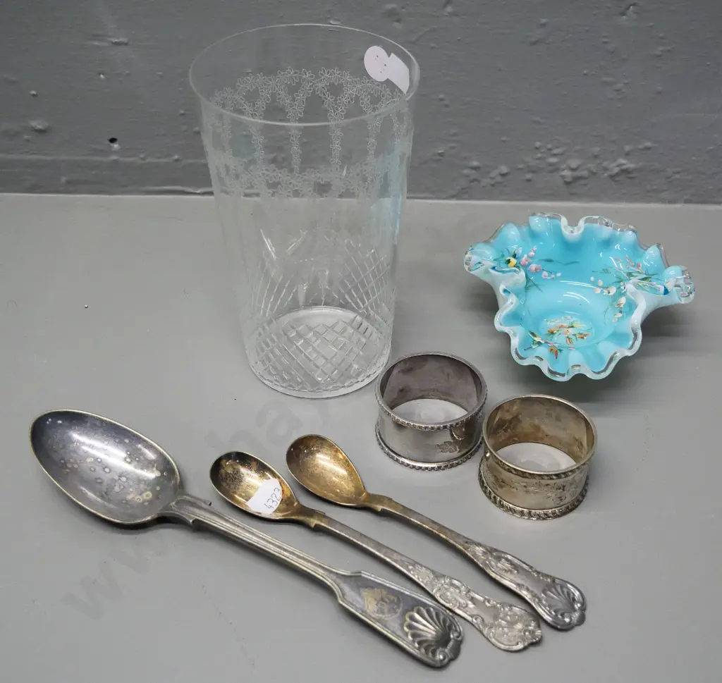 one sterling silver and one plated napkin ring, Venetian glass dish, vintage water glass & several plated cutlery items Image 1++