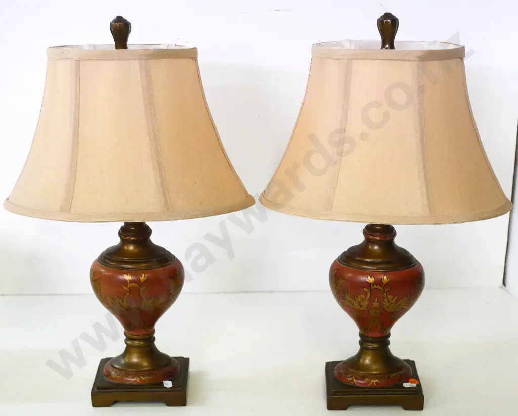 pair of composite antique-style table lamps lined waisted shades - cords cut, need rewiring H-500 Image 1++