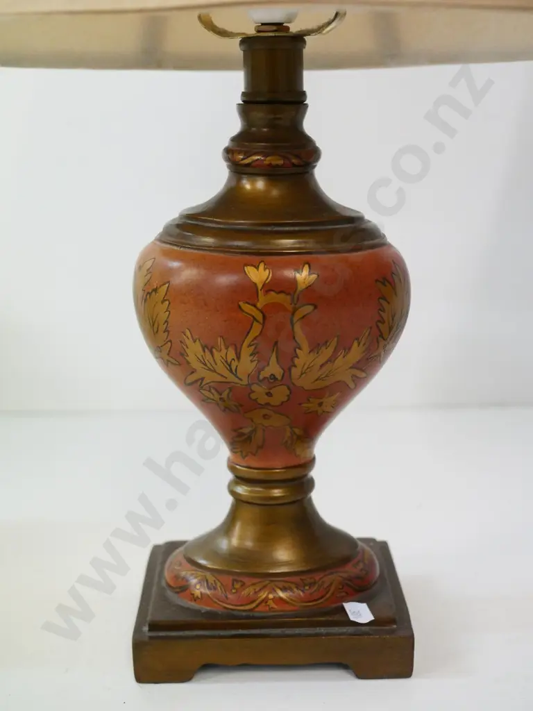 pair of composite antique-style table lamps lined waisted shades - cords cut, need rewiring H-500 Image 1++