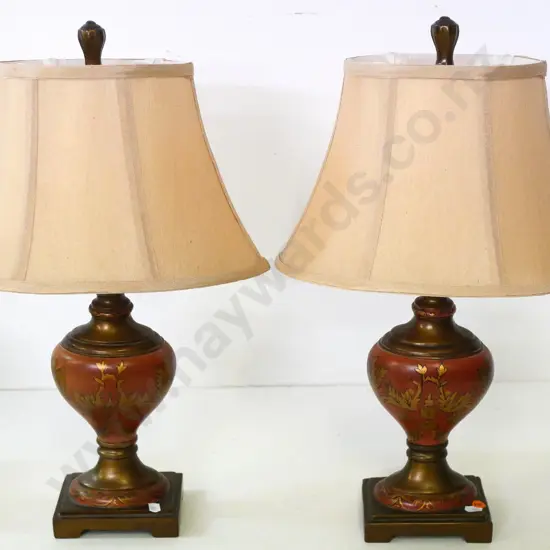 pair of composite antique-style table lamps lined waisted shades - cords cut, need rewiring H-500