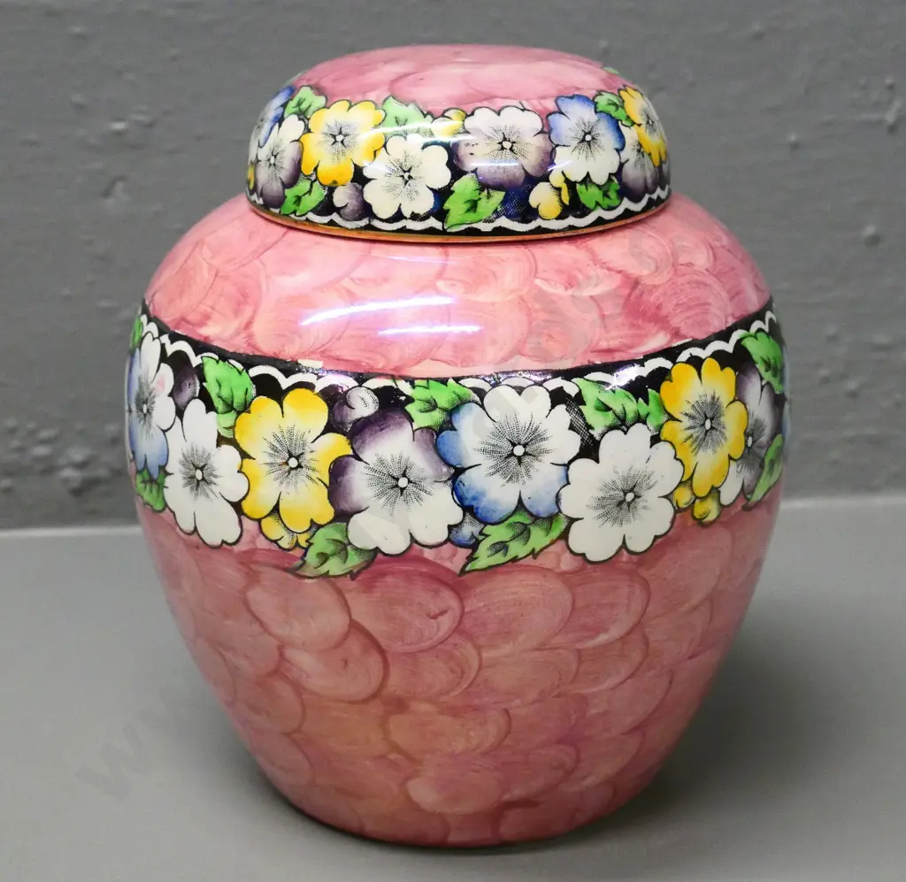 Maling pink lustre thumbprint ginger jar - some rust stains to interior H-180 Image 1++